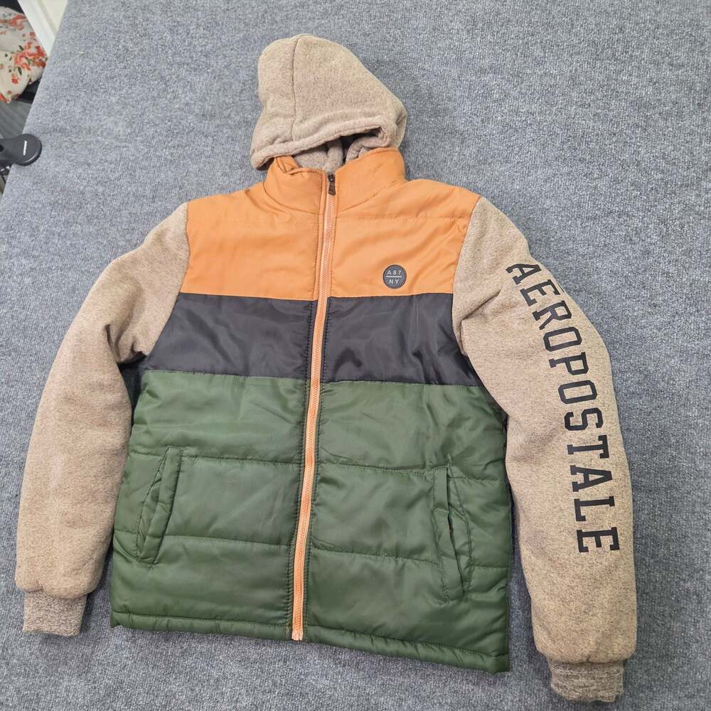 Aeropostale Men's Colorblock Puffer Jacket with Fleece Sleeves and Hood